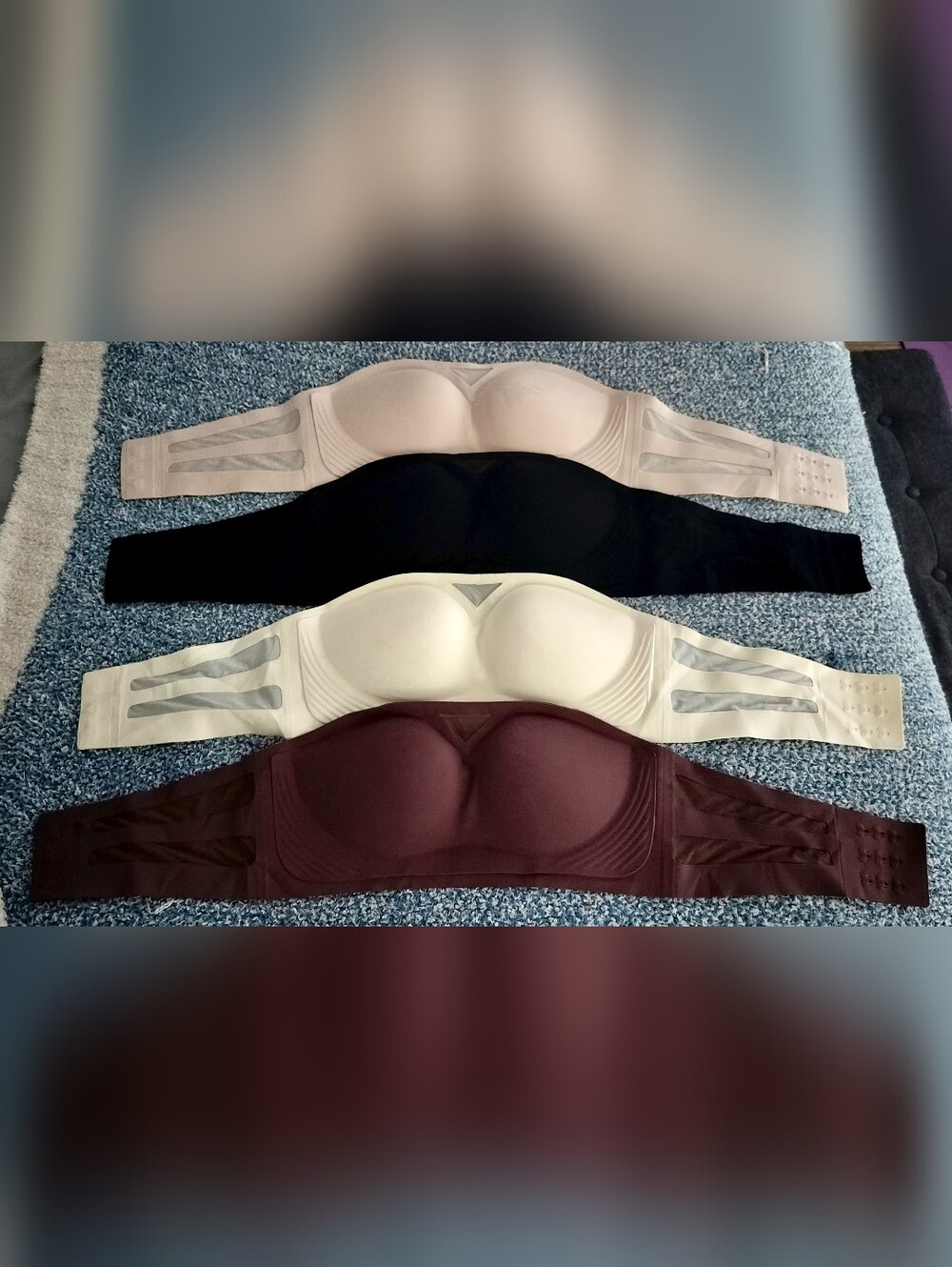 4-Pack Strapless Bandeau Bra Set in Nude, Black, Ivory and Burgundy